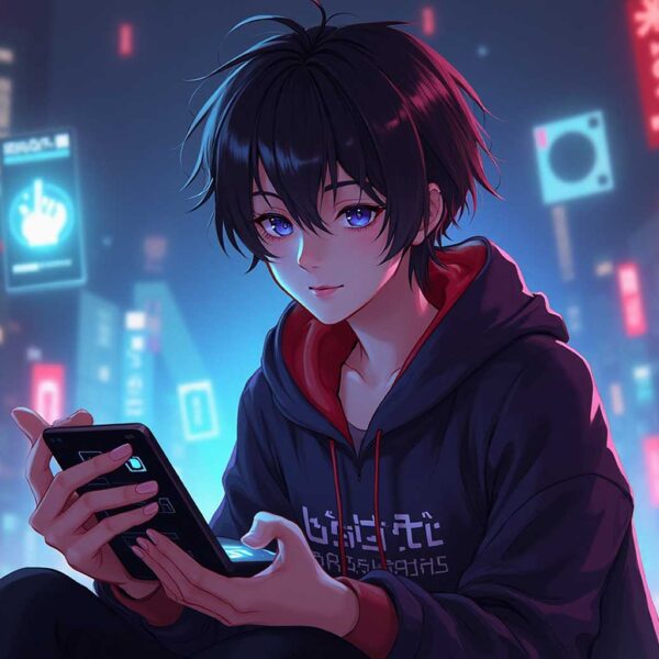 Cool anime hacker boy with black hair and glowing city lights – LED light box frame