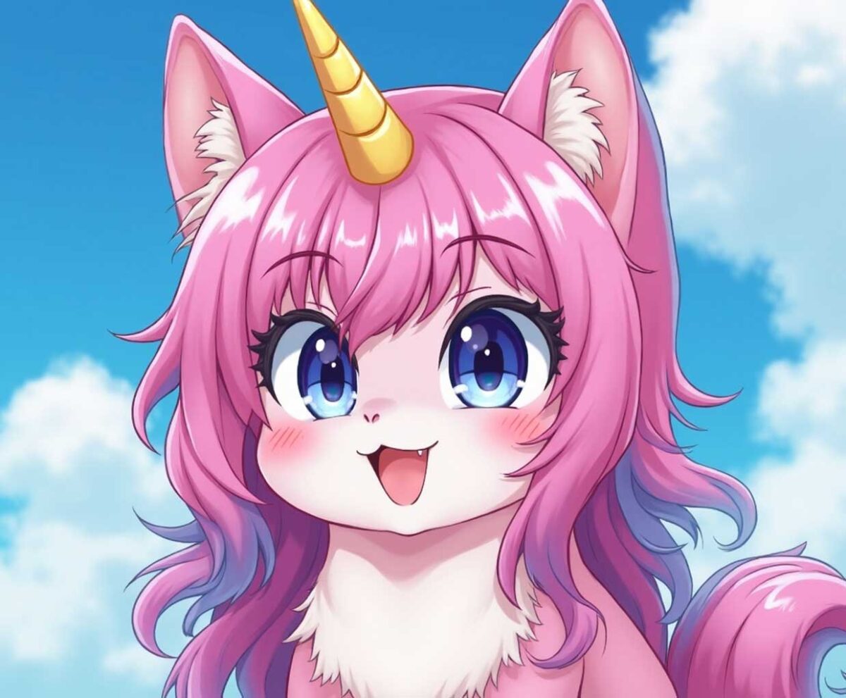 Cute pink anime cat girl with unicorn horn and blue eyes – LED light box frame