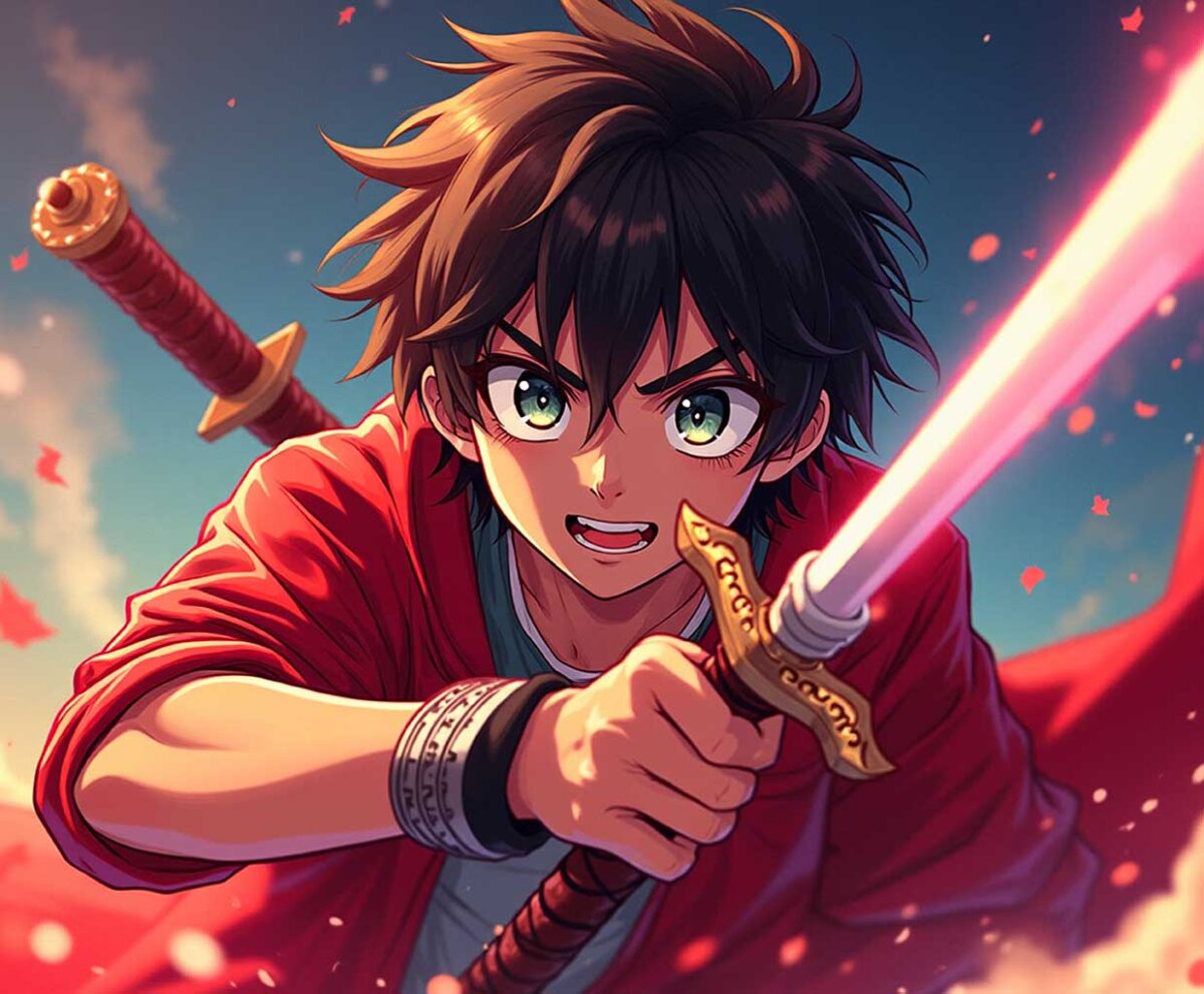 Anime boy with glowing sword charging into battle under a vibrant sky