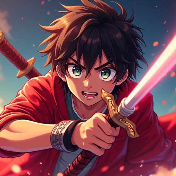 Anime boy with glowing sword charging into battle under a vibrant sky