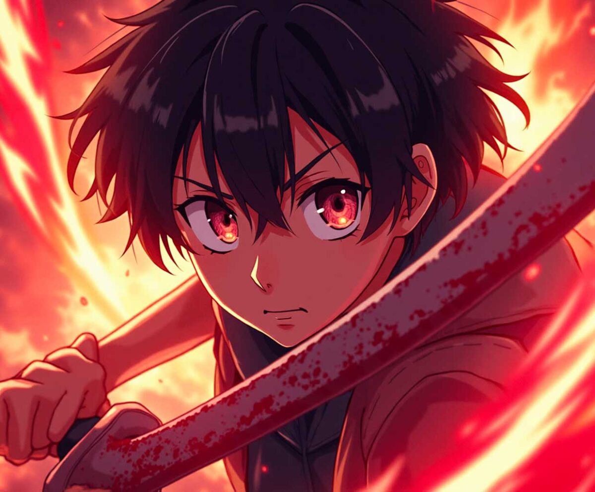 Anime boy with red eyes wielding a fiery sword in a blazing background
