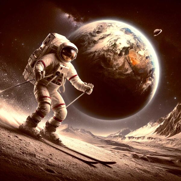 An astronaut skiing on the moon, illuminated in an eco-lit LED Box Frame for a futuristic, out-of-this-world aesthetic.