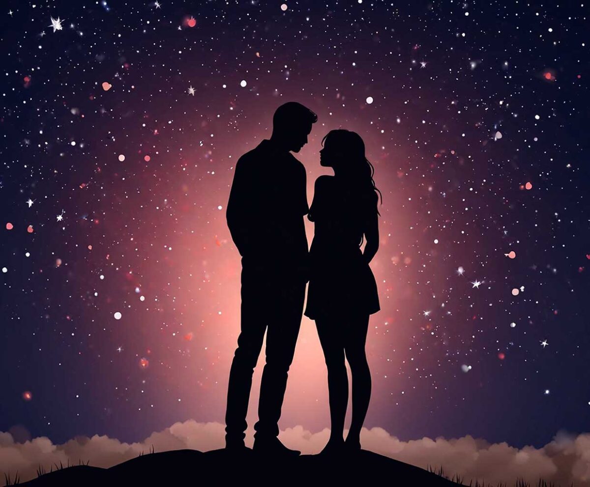 Romantic couple silhouette under a starry sky in an energy-efficient LED Box Frame with customizable lighting.
