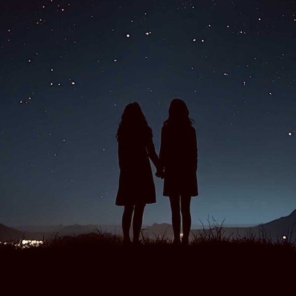 Silhouette of a couple holding hands under a starry night sky, displayed in an energy-efficient LED Box Frame with customizable lighting.