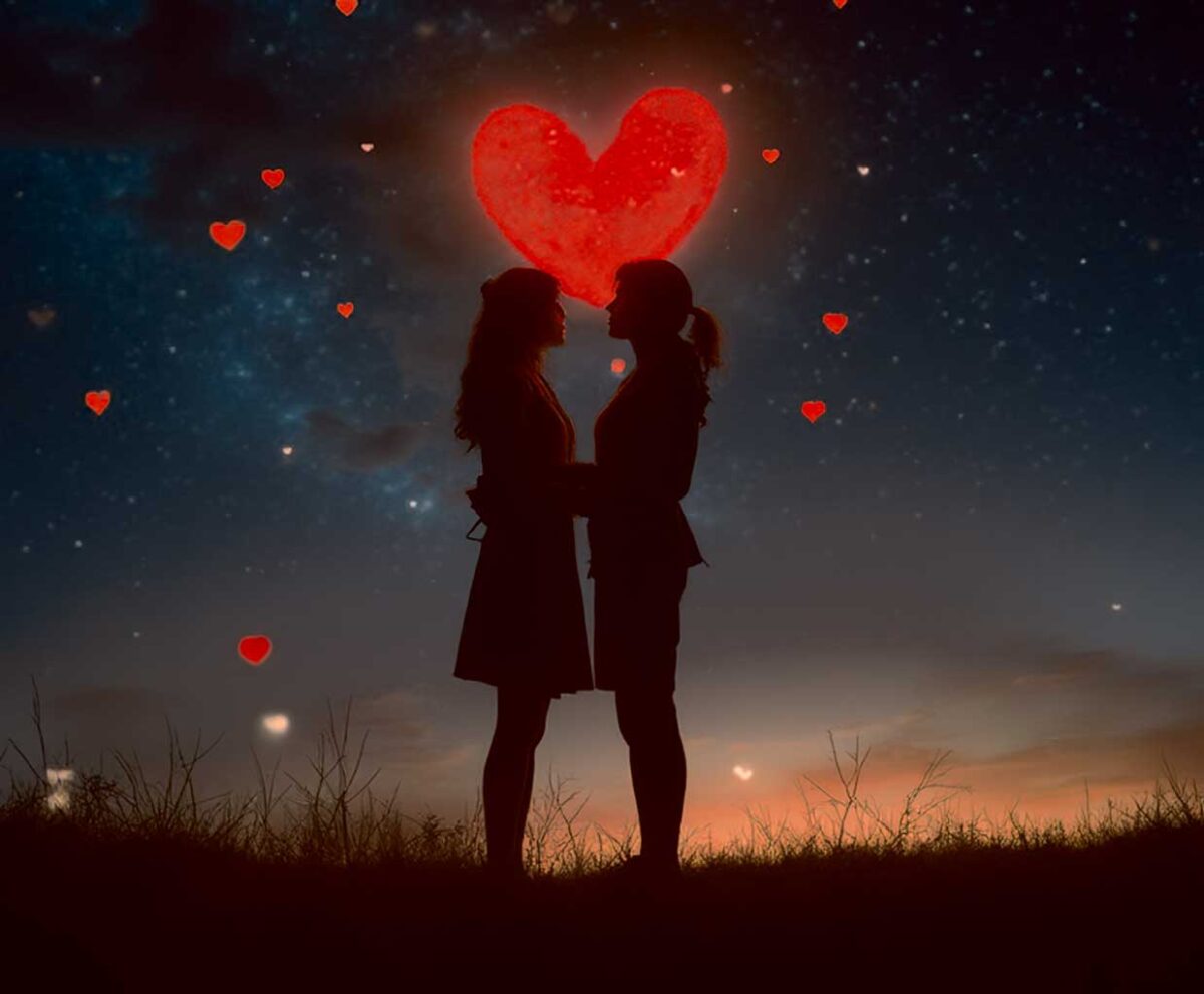 Romantic couple silhouette with heart-shaped glow under a starry sky, framed in an eco-lit LED Box Frame with customizable lighting.
