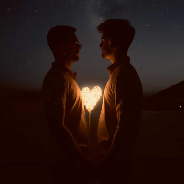 Romantic couple holding heart-shaped light in an eco-lit LED Box Frame with customizable lighting and a starry sky backdrop.