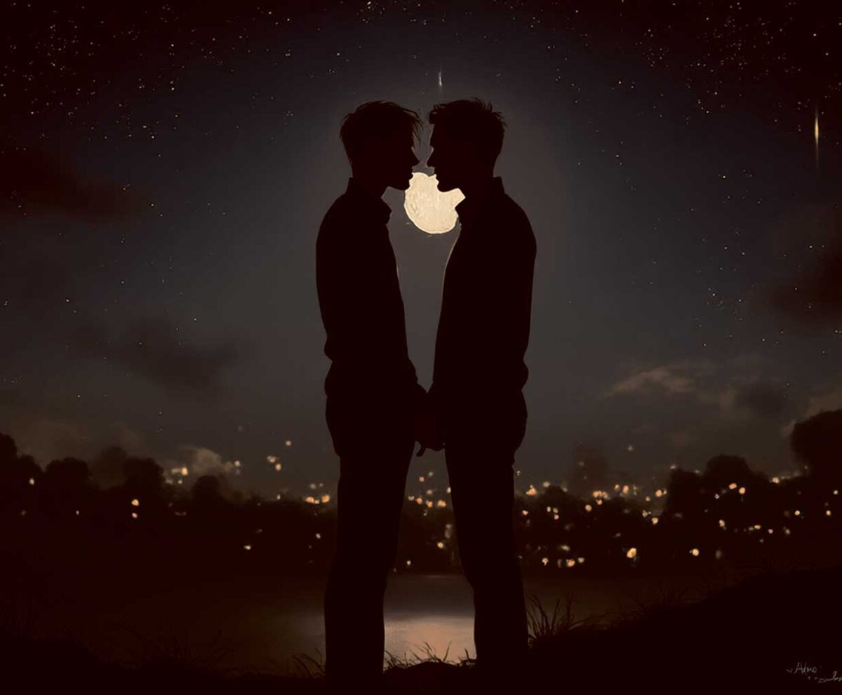 Romantic couple silhouette with moon and starry sky in an energy-efficient LED Box Frame with customizable lighting."