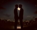 Romantic couple silhouette with moon and starry sky in an energy-efficient LED Box Frame with customizable lighting."