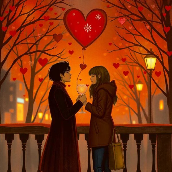 Couple sharing a romantic moment with a heart-shaped balloon floating above them, captured in an energy-efficient LED Box Frame with customizable lighting.