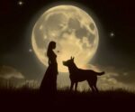 Valentine's romantic scene featuring a woman and a dog under a glowing moon, framed in an eco-friendly LED Box Frame