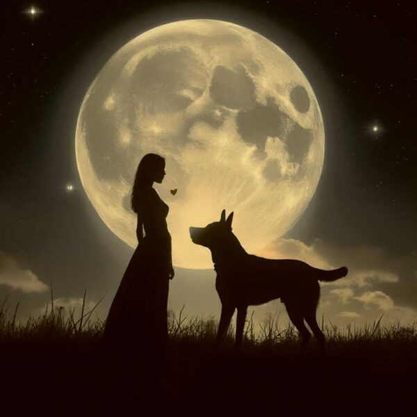 Valentine's romantic scene featuring a woman and a dog under a glowing moon, framed in an eco-friendly LED Box Frame