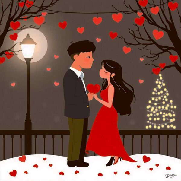 Couple sharing a romantic moment under floating heart-shaped lights, captured in an LED Box Frame with customizable lighting for a magical atmosphere.