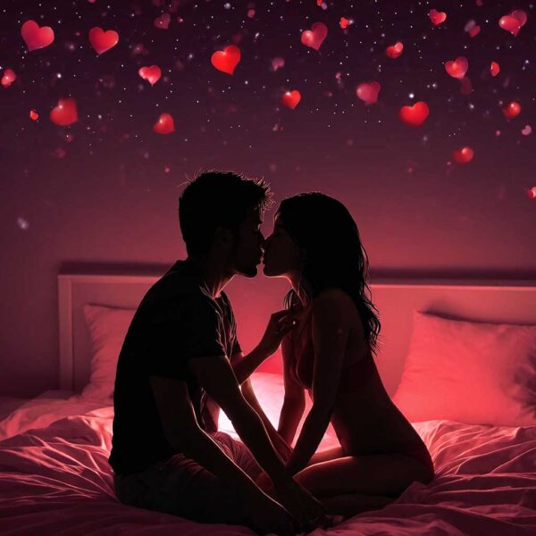 Romantic couple sharing a kiss with floating heart-shaped lights, captured in a customizable LED Box Frame with eco-friendly lighting.