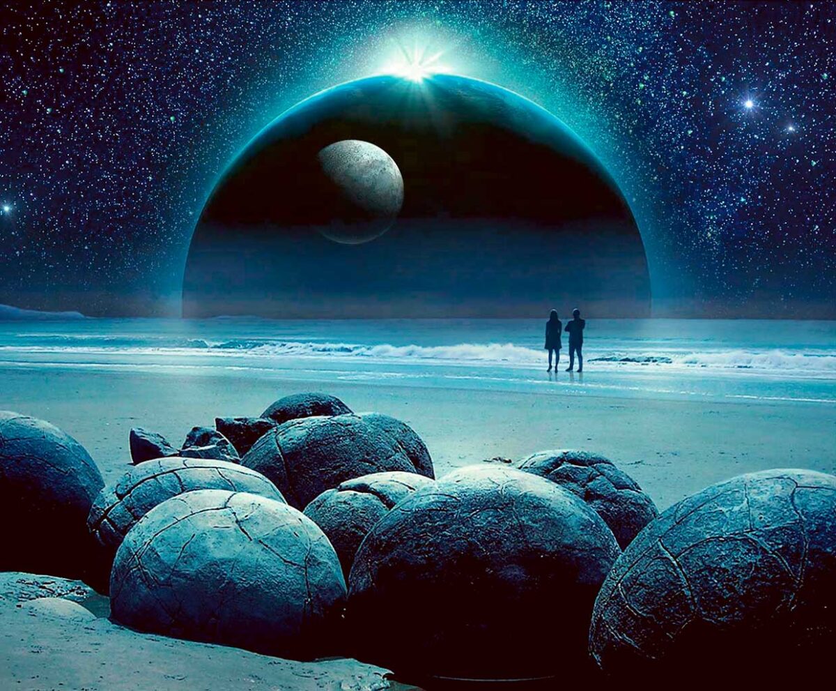 Sci-fi themed space scene with two figures gazing at planets, framed in an energy-efficient LED Box Frame to enhance modern home decor.