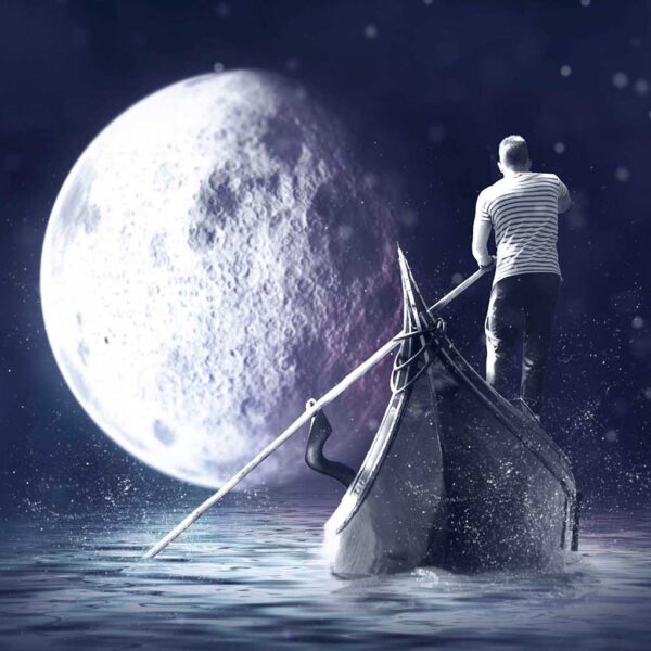 A person rowing a gondola under a full moon, captured in stunning detail with an eco-lit LED Box Frame.