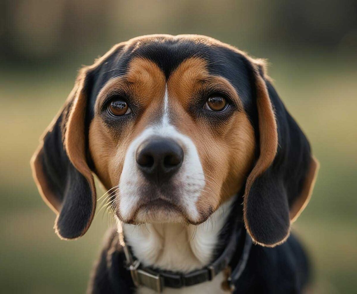 Close-up portrait of a Beagle dog in a natural setting, displayed in an energy-efficient LED Box Frame.