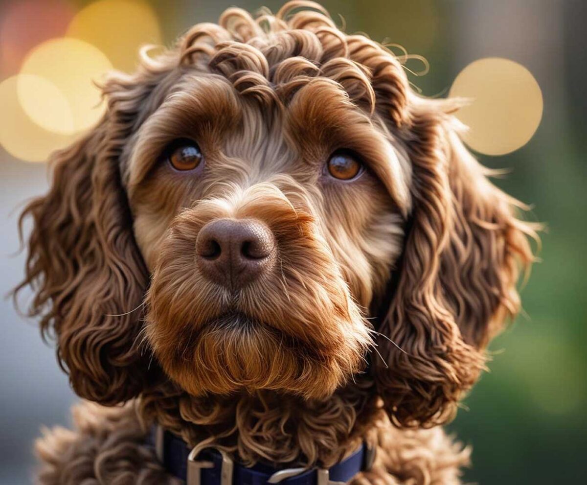 A close-up of a curly-haired Cockerpoo with bokeh lighting, beautifully displayed in an eco-friendly LED Box Frame, offering customizable lighting to enhance its charm.