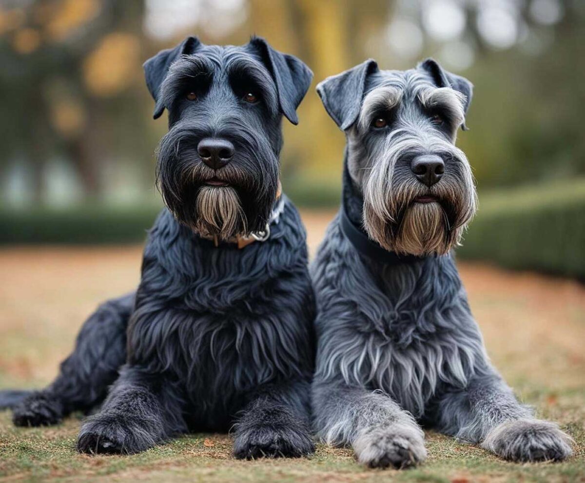 A portrait of two Giant Schnauzers displayed in an eco-friendly LED Box Frame, showcasing their strong features and fluffy coats with energy-efficient lighting.