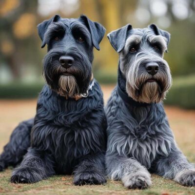 A portrait of two Giant Schnauzers displayed in an eco friendly LED Box Frame showcasing their strong features and fluffy coats with energy efficient lighting