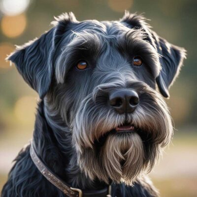 A close up of a Giant Schnauzer with distinctive facial features displayed in an eco lit LED Box Frame enhancing the pet photography with energy efficient lighting