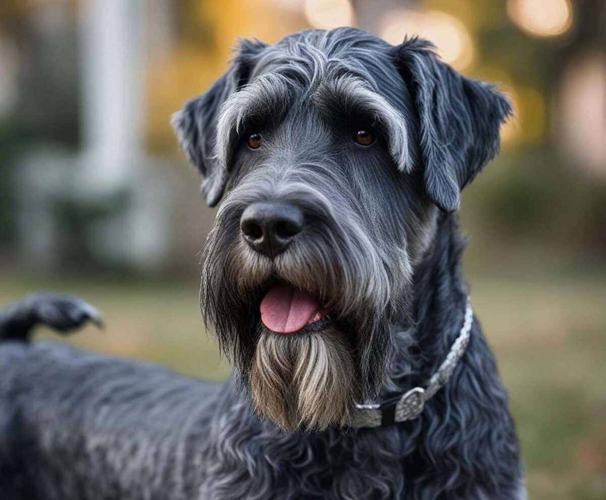A close-up of a Giant Schnauzer captured in nature, beautifully displayed in an energy-efficient LED Box Frame, showcasing its impressive features and fluffy coat.