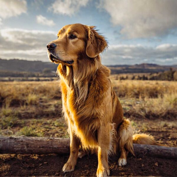 A Golden Retriever sitting in a beautiful outdoor setting, captured with natural lighting and enhanced in an energy-efficient LED Box Frame, offering a customizable eco-lit display.