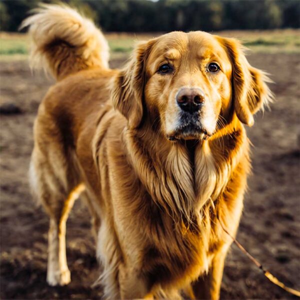 A heartwarming portrait of a Golden Retriever standing outdoors, captured with warm, glowing light and displayed in an energy-efficient LED Box Frame, enhancing its beauty with a customizable eco-lit glow.