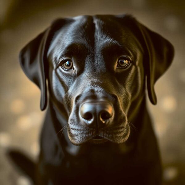 Close-up of a Labrador dog in soft bokeh background, displayed in an eco-friendly LED Box Frame, designed for calming effects.