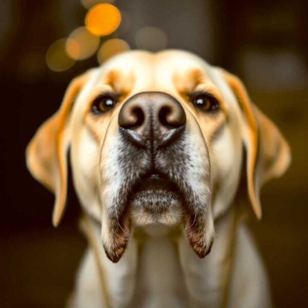 Close-up of a Labrador dog with bokeh background, displayed in an eco-friendly LED Box Frame, designed for sensory relaxation.