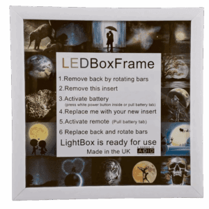 White LED Box Frame front view with setup instructions, eco-friendly lightbox, and customizable inserts.