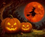 Witch 2-Moon flying Witch and Pumpkins