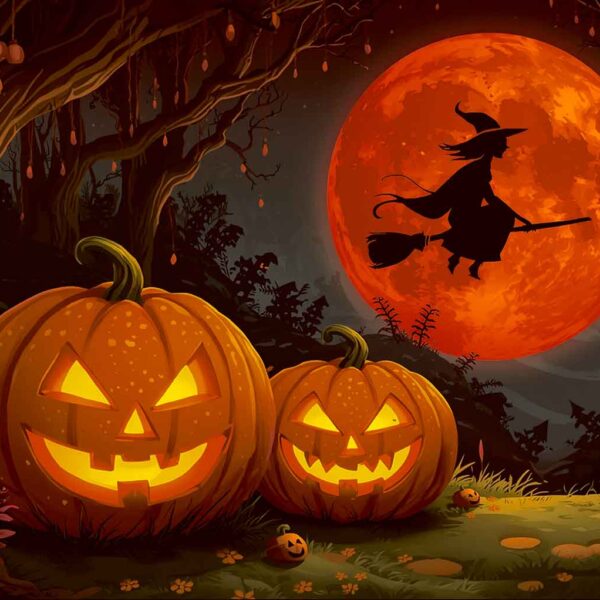 Witch 2-Moon flying Witch and Pumpkins